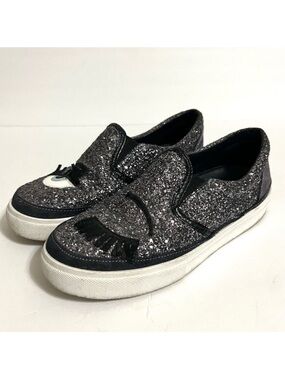 CHIARA FERRAGNI Glitter Eyelash Sneakers Gray Silver Black Slip On Size 8
